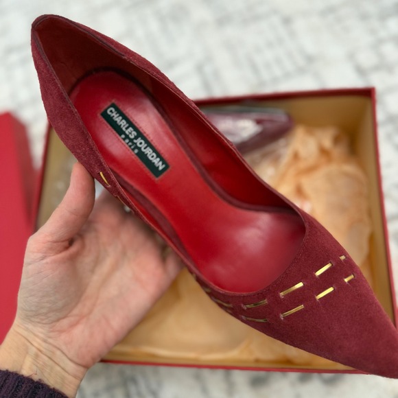 Charles Jourdan Suede Red Gold 5" Heel Pointed Toe Pumps Leather Sole Sz 9M - Picture 5 of 6